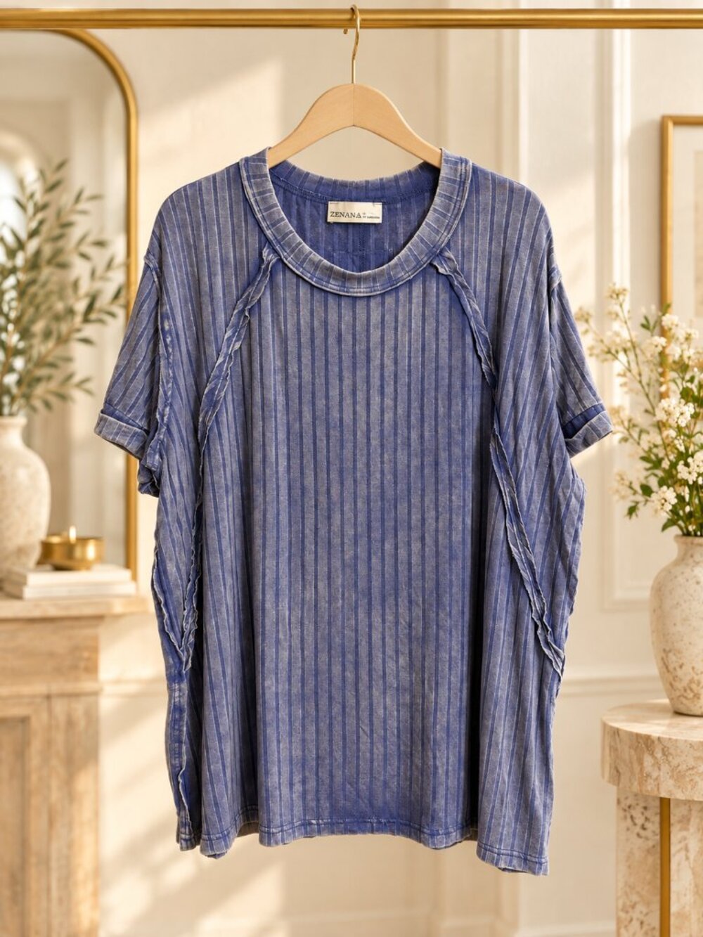 Zenana Ribbed Mineral Wash Oversized Tunic Top Blue L/XL RTW-8493A